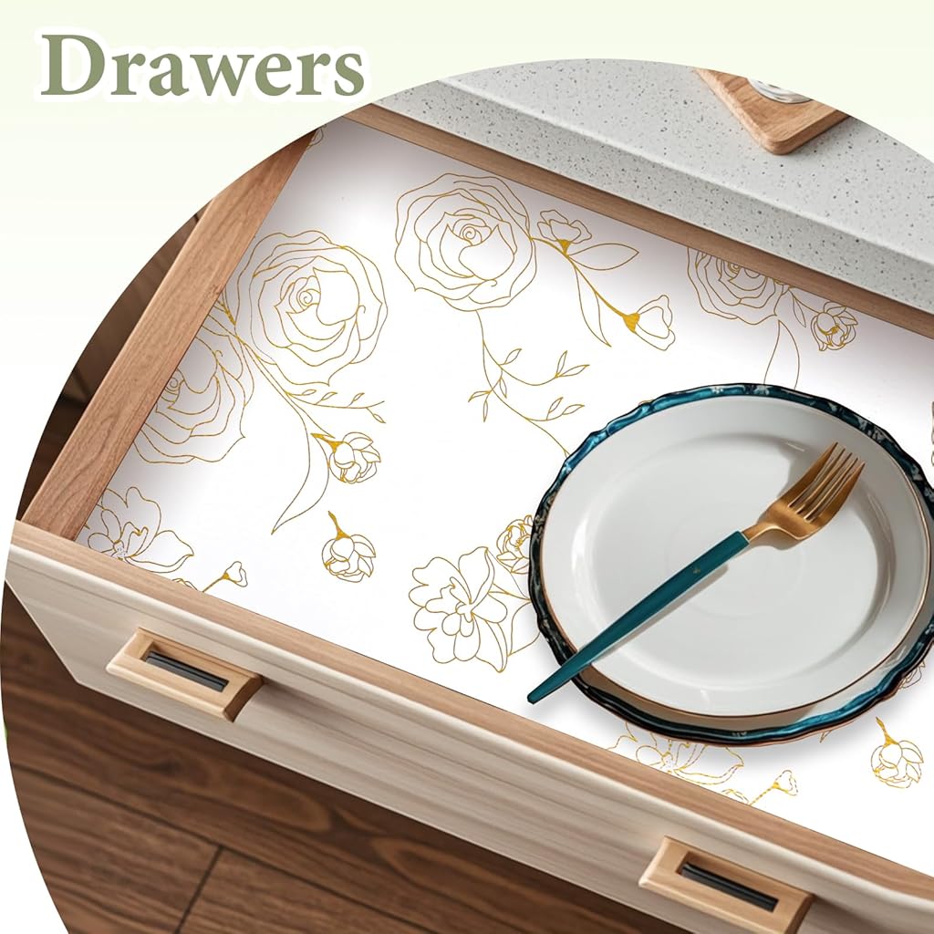 HASTHIP® 45cm x 300cm Non Adhesive Drawer Liner Gold Floral Thickened Shelf Liner Paper Strong Non-Slip Easy to Clean for Tool Box Refrigerator with Small (Random) HASTHIP® 45cm x 300cm Non Adhesive Drawer Liner Gold Floral Thickened Shelf Liner Paper Strong Non-Slip Easy to Clean for Tool Box Refrigerator with Small (Random)